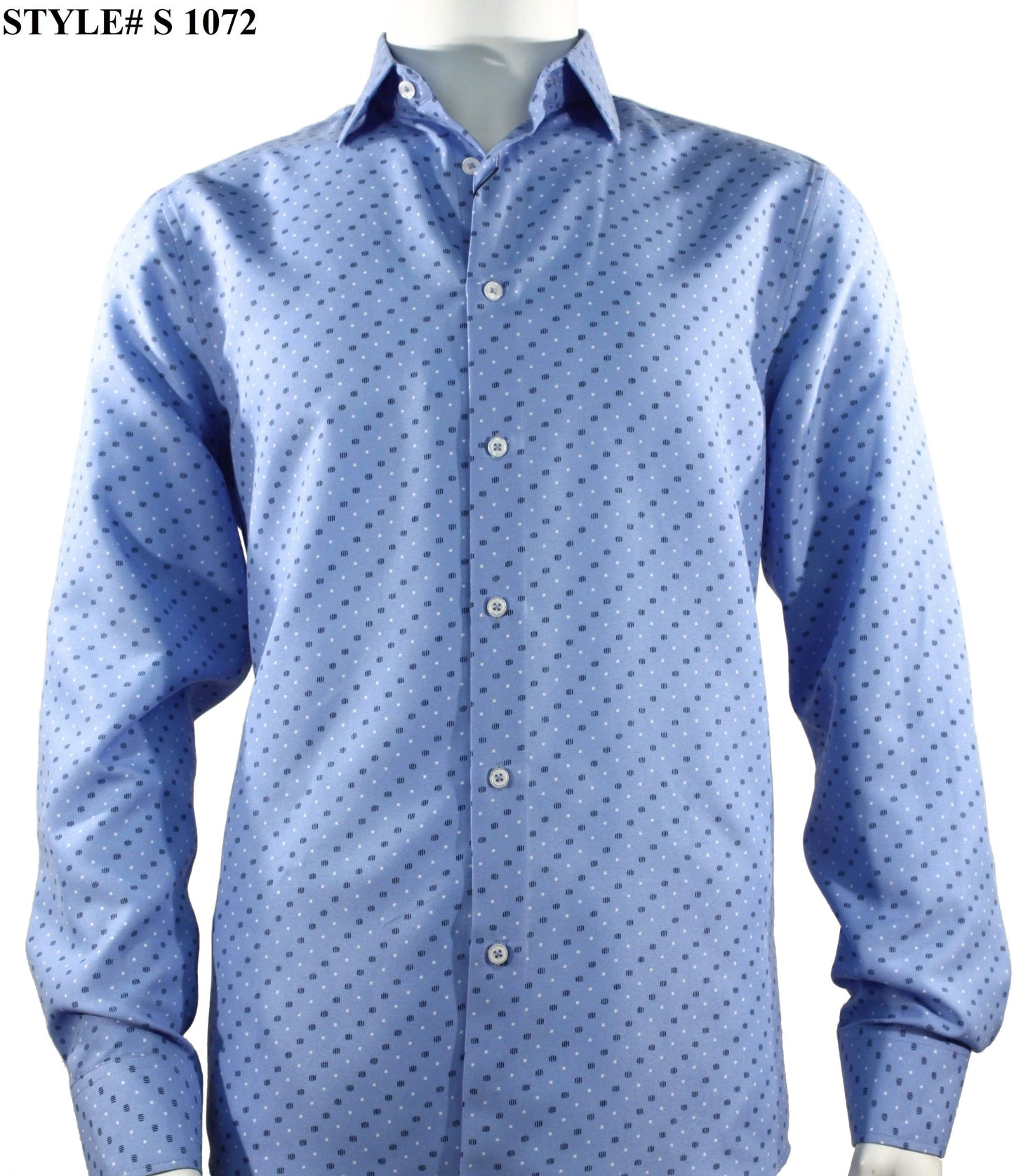 The Sangi Long Sleeve Shirt S 1072 is displayed on a mannequin, featuring a contemporary design. The shirt is blue with small black polka dots and highlights its modern fit. The style number S 1072 from the brand Sangi is printed in the top left corner.