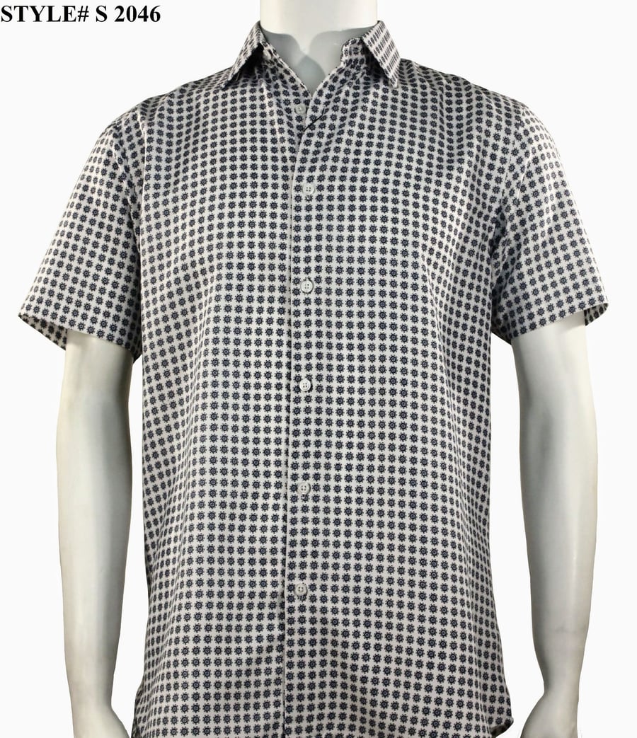 A mannequin showcases the Sangi Short Sleeve Shirt S 2046 by Sangi, featuring a modern fit and small black geometric pattern on white. "STYLE# S 2046" appears in the top left.