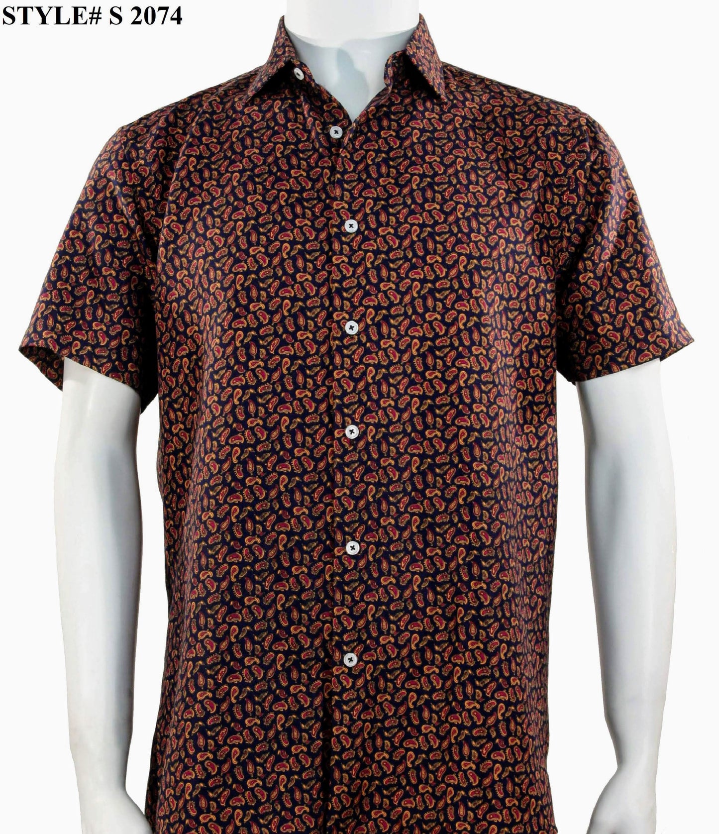 A mannequin models the Sangi Short Sleeve Shirt S 2074, featuring a modern fit and button-up style with a red and orange paisley pattern on a dark background. The corner displays "STYLE# S 2074" from brand Sangi.