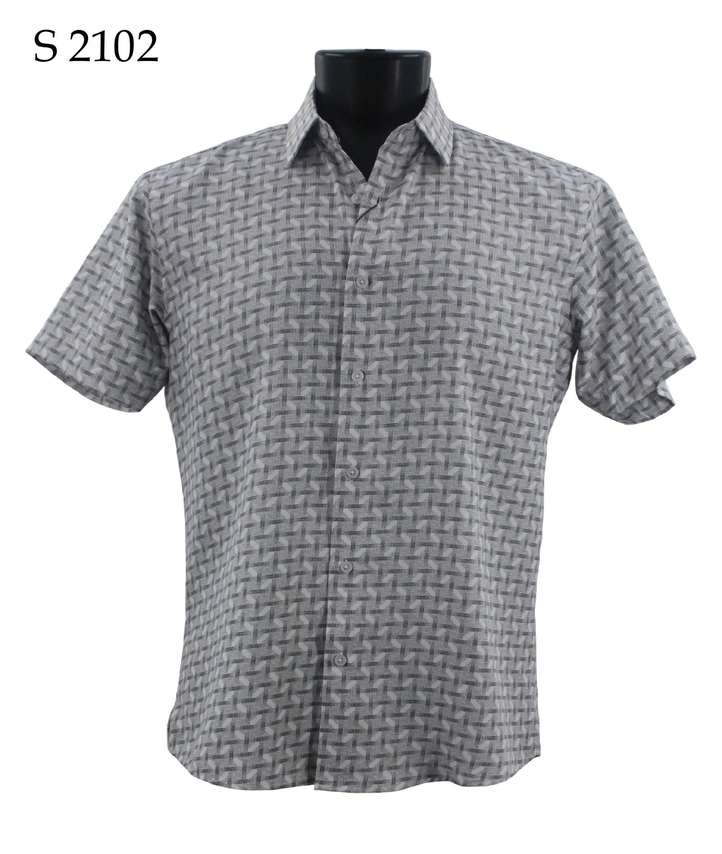 The Sangi Short Sleeve Shirt S 2102, featuring a modern fit and woven gray pattern, is elegantly displayed on a black mannequin torso.