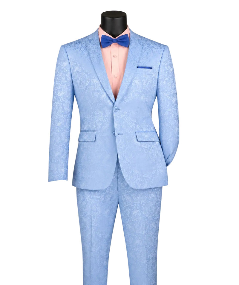 Slim Fit Light Blue Tone on Tone Paisley Pattern 2 Piece Suit S2F-1 by Vinci Suits, styled with a bow tie, peach shirt, and pocket square on a black mannequin against a white backdrop.