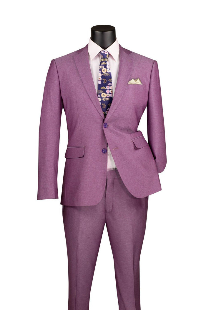 A mannequin displays a Slim Fit 2 Piece Single Breasted 2 Button Design Suit in light purple (S2RK-7) by Vinci Suits, paired with matching pants, a white shirt, a floral-patterned tie, and a pocket square.