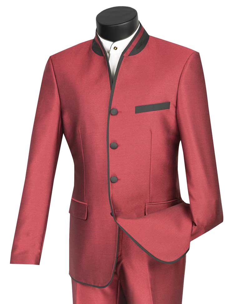 The Vinci Suits Slim Fit Banded Collar Shiny Sharkskin 2 Piece Suit in burgundy (S4HT-1) is displayed on a mannequin, featuring a single-breasted jacket with black-trimmed collar and buttons, three buttons, and two pockets for a modern yet classic look.
