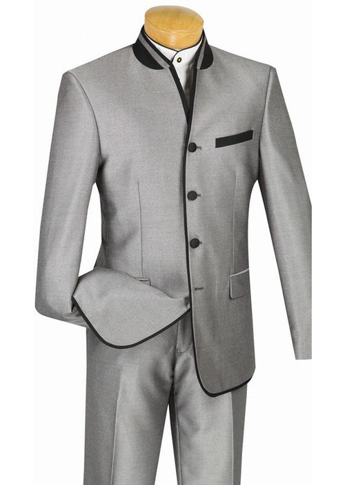 Displayed on a mannequin, the Vinci Suits Slim Fit Banded Collar Shiny Sharkskin 2 Piece Suit in gray (S4HT-1) features black buttons and pocket detail with a white undershirt. This wrinkle-resistant suit ensures a polished appearance all day.