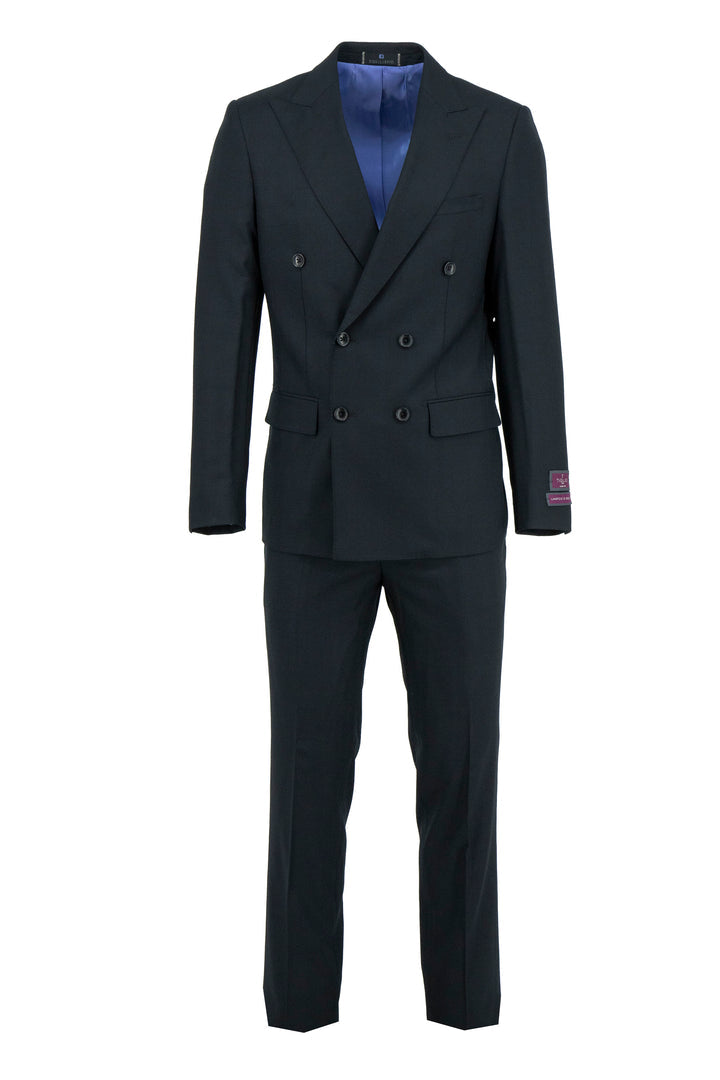 The Tiglio Luxe Santorini Slim Fit Pure Wool Men’s Suit TT21120.178/2 features a black tone-on-tone design, double-breasted style with notched lapels and matching trousers—a refined luxury choice, displayed on a white background.