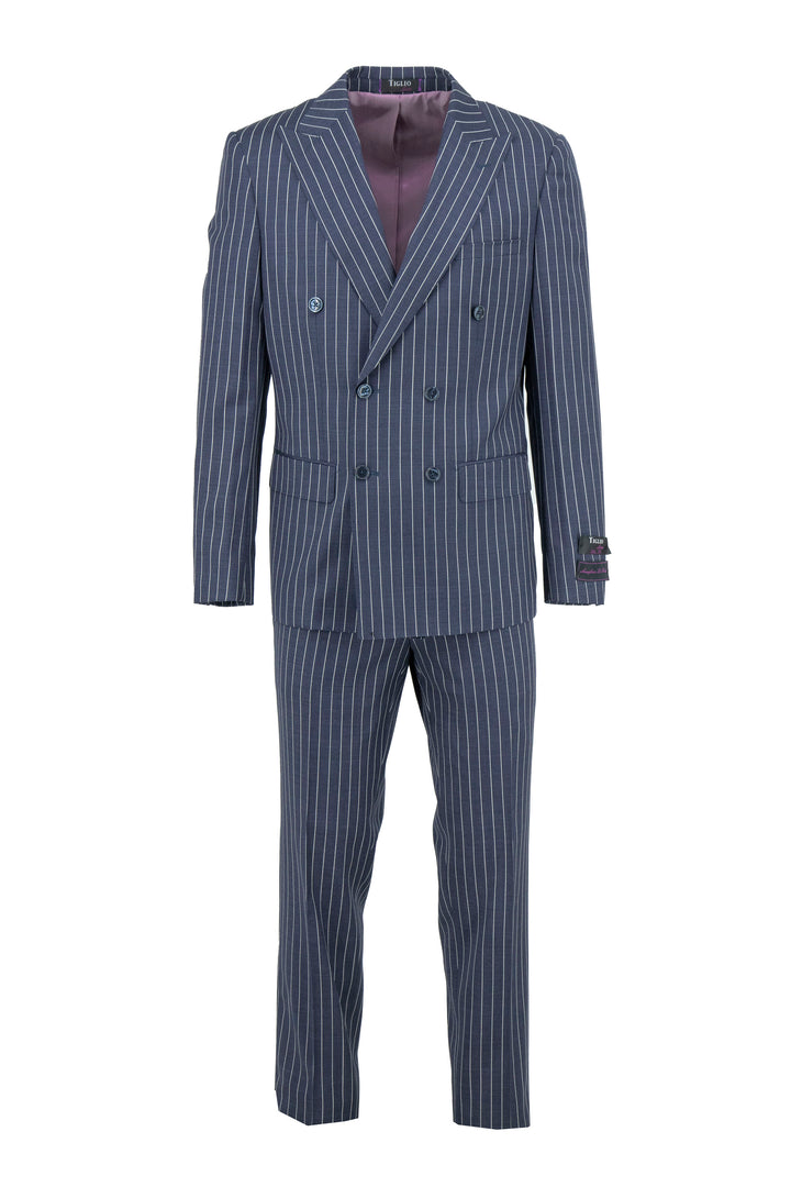 The Tiglio Luxe Navy With White Pinstripes Santorini Slim Fit Pure Wool Men’s Suit TL3157 features a sharp double-breasted design with matching trousers—an elegant luxury men’s suit from Tiglio Luxe, displayed on a plain white background.