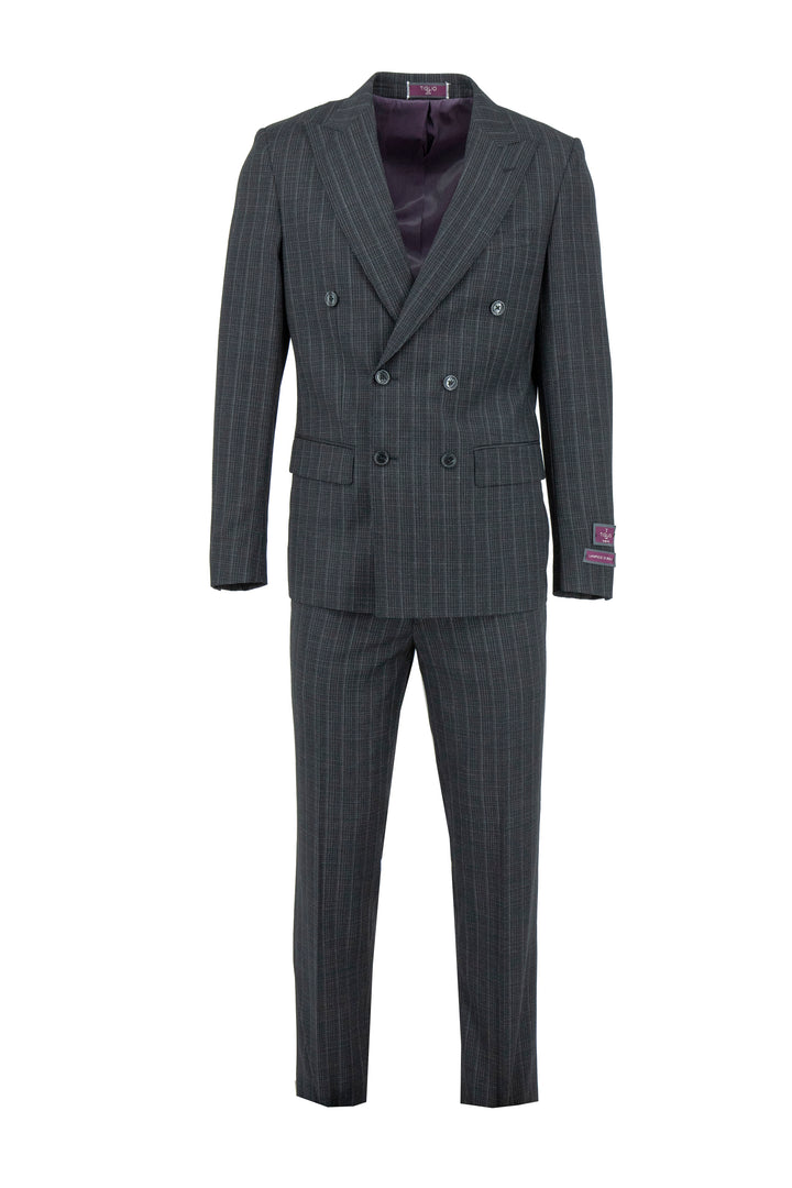 The Tiglio Luxe Black with Gray Design Santorini Slim Fit Pure Wool Men’s Suit TL3178 exemplifies luxury men's fashion, showcasing the refined elegance of tailored clothing on a plain white background.