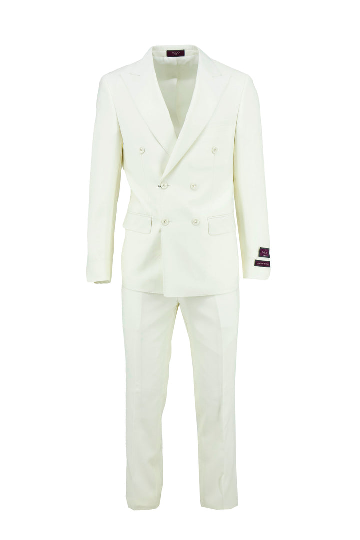 The Tiglio Luxe Off-White Santorini Slim Fit Pure Wool Men’s Suit features a double-breasted design with peak lapels and matching trousers, inspired by classic Italian tailoring, shown against a plain white background.