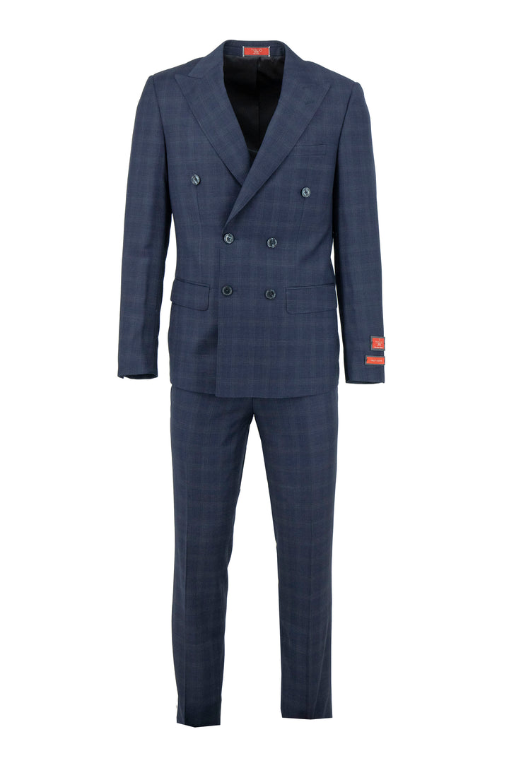 The Tiglio Luxe Navy with Gray Windowpane Santorini Slim Fit Pure Wool Men’s Suit TL6082 beautifully highlights the elegance of tailored menswear from Tiglio Luxe against a white background.