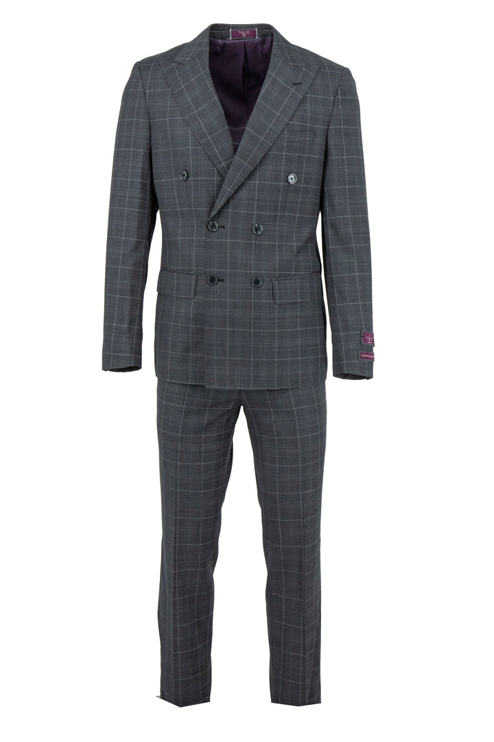 The Tiglio Luxe Santorini TL6097 is a slim fit men's suit in gray with a light gray windowpane pattern, crafted from pure wool—a refined choice for those seeking elegant Italian style.