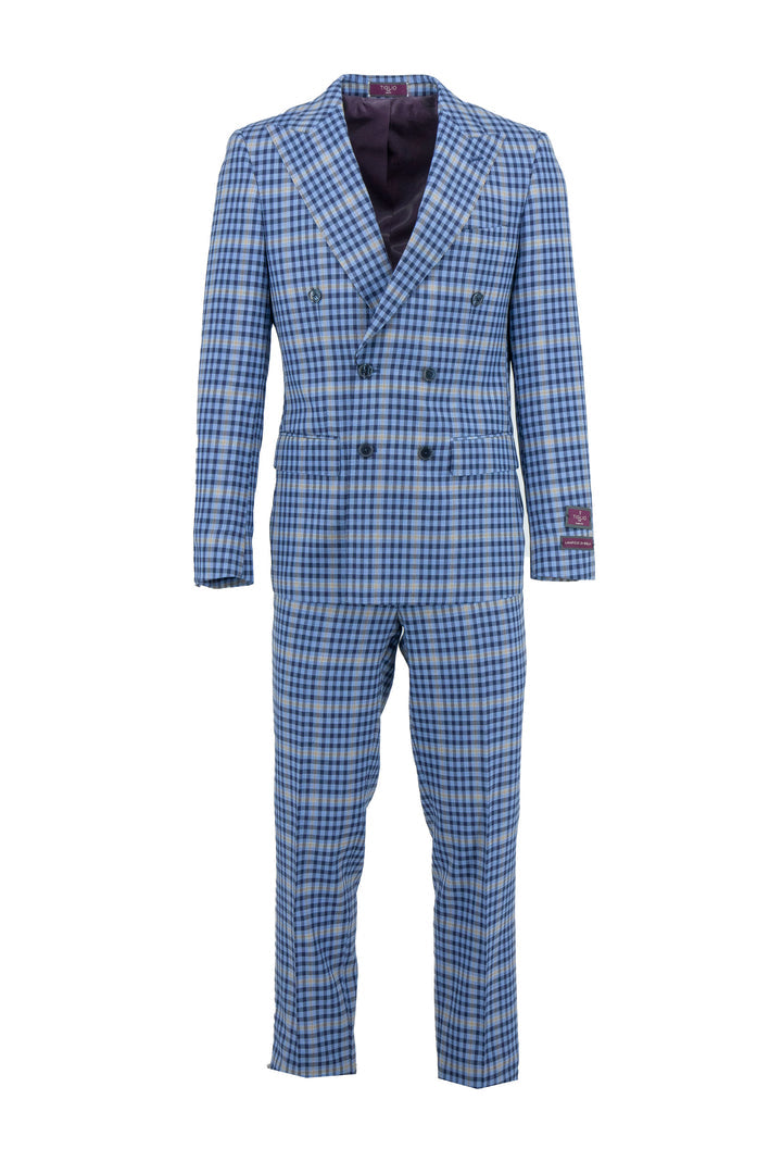 The Tiglio Luxe Santorini TL6355 suit features a sky blue with navy mini check and camel windowpane design in pure wool. This slim fit men's suit is a refined standout in tailored menswear, displayed on a plain white background.