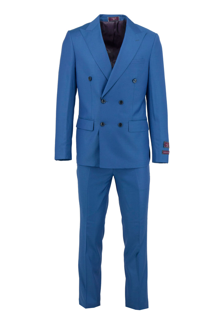 The Tiglio Luxe Cobalt Blue Santorini TL7118 is a slim fit pure wool men’s suit, double-breasted with matching trousers and black buttons—a sophisticated Italian design in luxury menswear, shown on a white background.