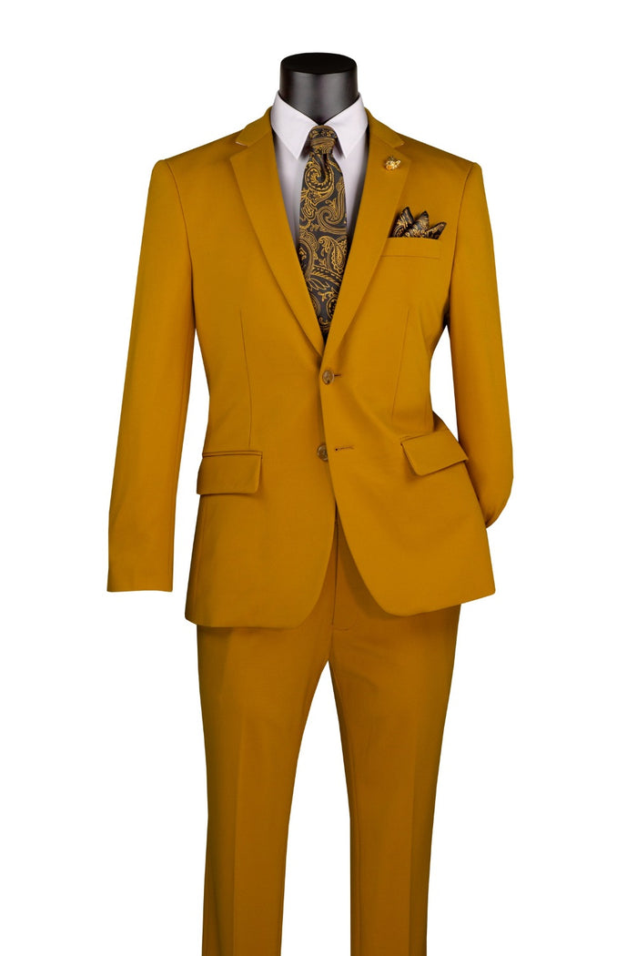Vinci Suits Slim Fit 2 Piece Suit Stretch Fabric Suit with Adjustable Waistband Gold SDX-3 in a slim fit, featuring a white dress shirt, a gold and black paisley necktie, and a matching pocket square.