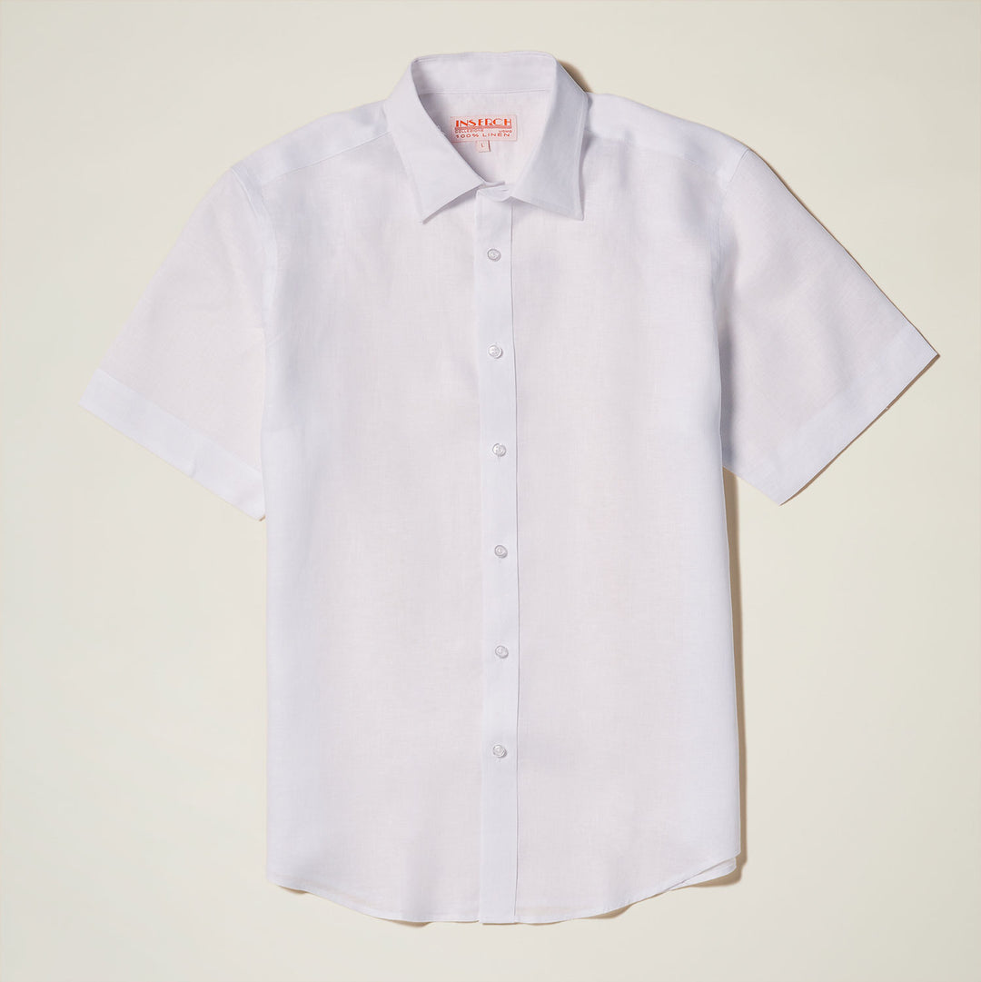 The Inserch SS Linen Shirt SS717-00002 White is a short-sleeve button-up, expertly crafted from premium linen and neatly pressed against a plain background.