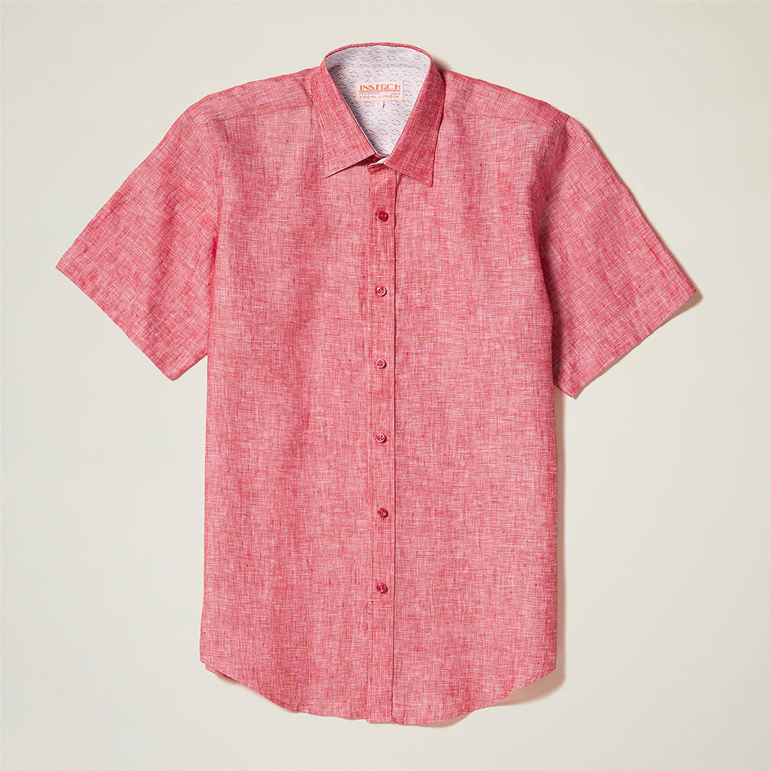 The Inserch SS Linen Shirt SS717-00143 Raspberry by Inserch is a red short-sleeve button-up shirt made from premium linen featuring a fine textured pattern, spread collar, and matching red buttons.