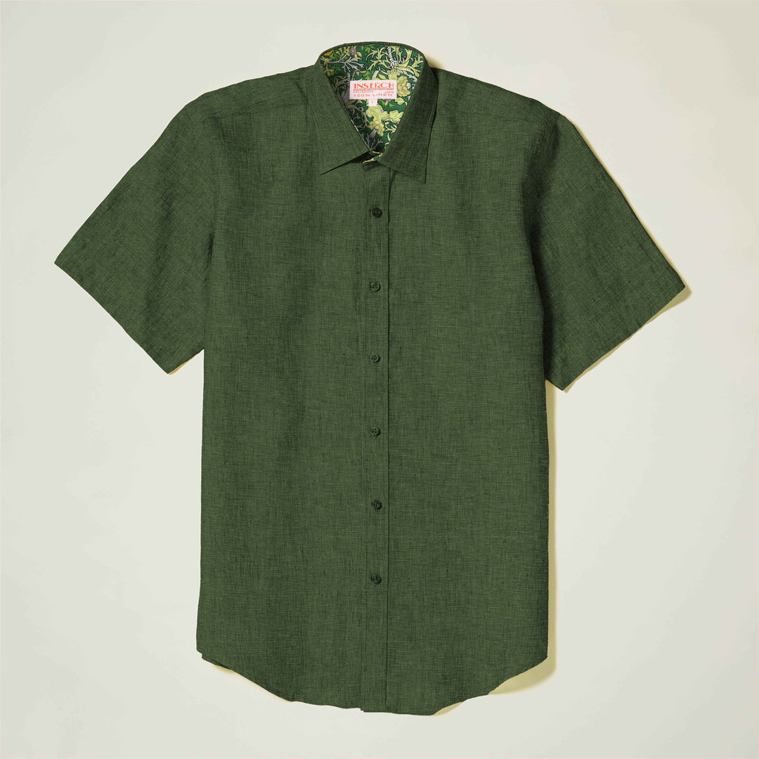 The Inserch SS Linen Shirt SS717-00200 Emerald is a green short-sleeve button-up with a cotton floral print inner collar, shown against a plain background.