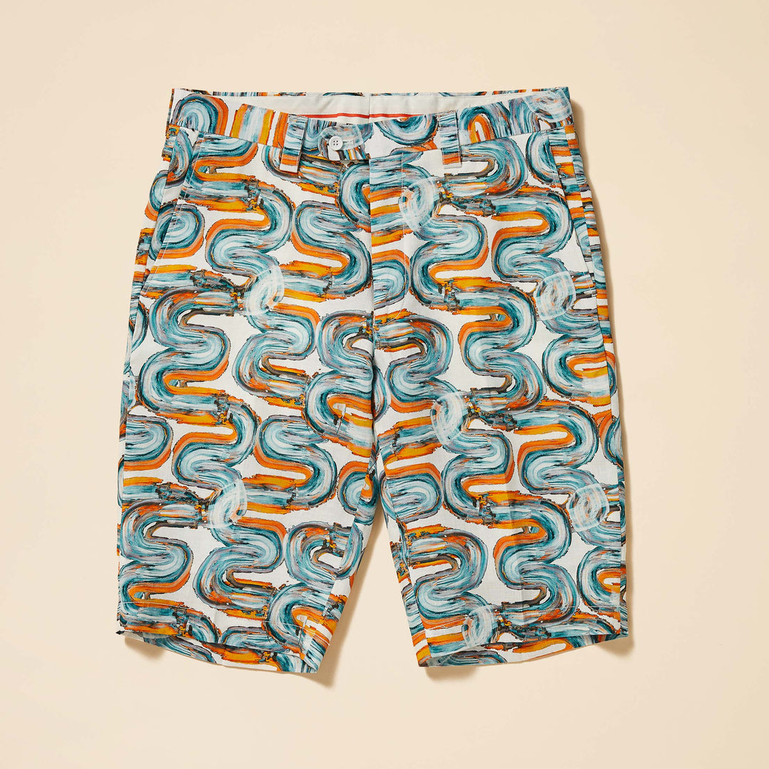 The Inserch Optic Wave Linen Shorts (ST916-00183 Blue Mist) feature premium flax linen with an abstract swirl design in blue, orange, and white on a light background, offering a modern fit.
