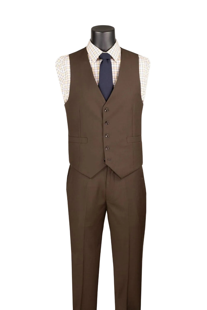 The Slim Fit Suit 3 Piece 2 Button Brown SV2900 by Vinci Suits is displayed on a headless mannequin with a plaid shirt, navy tie, and blue pocket square against a white background.