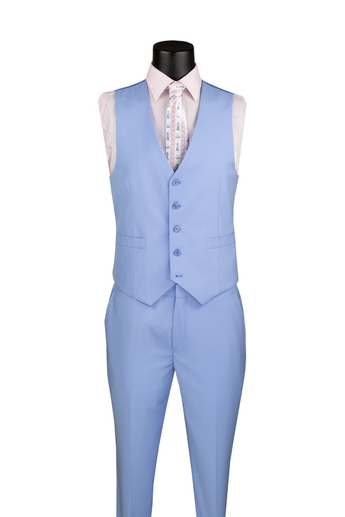 The Vinci Suits Slim Fit 3 Piece 2 Button Suit in light blue (SV2900) features a pastel blue design with a pink shirt, patterned tie, vest, and pocket watch chain. The pocket square complements the tie perfectly.