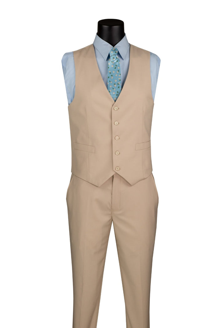 The mannequin is dressed in a Vinci Suits Slim Fit 3 Piece 2 Button Suit Stone SV2900, paired with a light blue shirt, patterned teal tie, and matching pocket square.