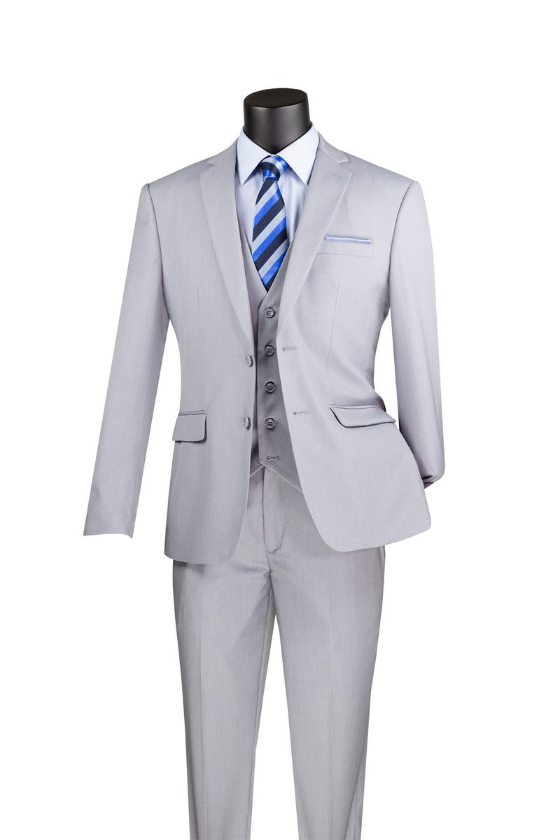 The Vinci Suits Slim Fit 3 Piece 2 Button Suit in Light Gray SV2900 features a poly-rayon blend with a single-breasted jacket, waistcoat, and trousers. It's styled on a mannequin with a white shirt and blue striped tie.