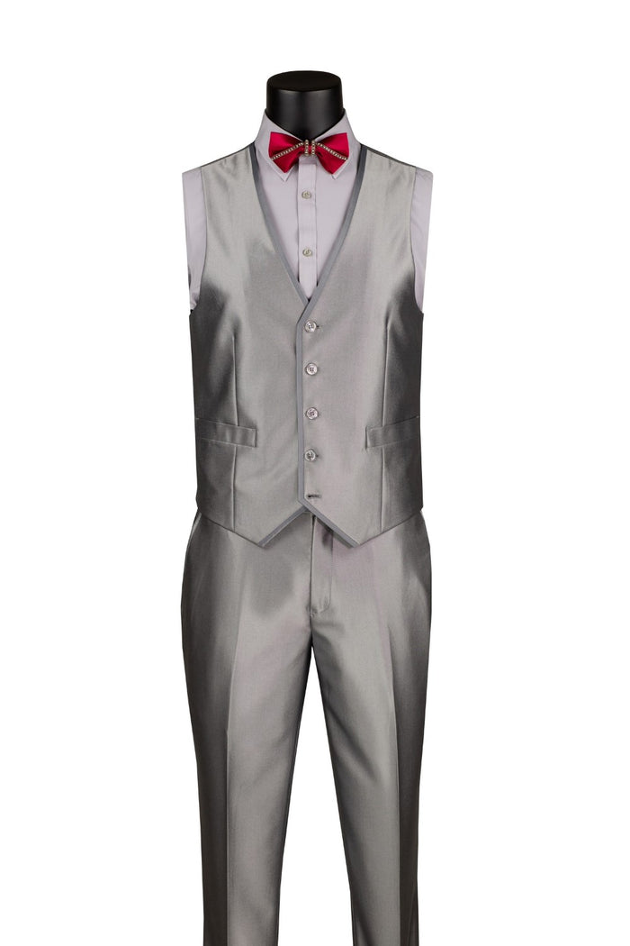 The Slim Fit 3 Piece Satin Suit Silver SV2D-1 by Vinci Suits features a notch lapel, matching pants, vest, and jacket. It comes with a red bow tie, pocket square, and crisp white shirt.