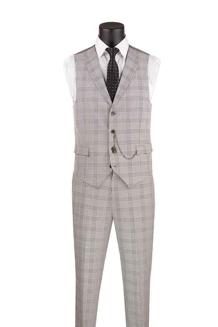The Vinci Suits Slim Fit Suit Windowpane 3 Piece with Vest Gray SV2W-6 is displayed on a mannequin, paired with a white shirt and black polka dot tie.