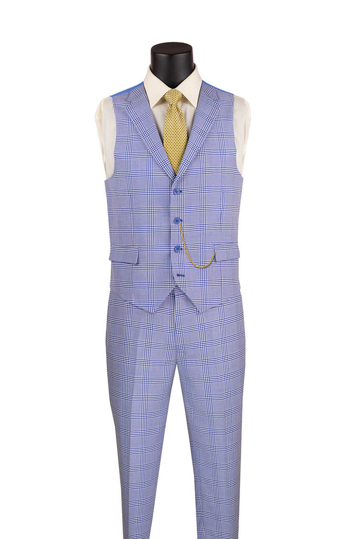 Displayed is the Vinci Suits Slim Fit Windowpane 3 Piece with Vest in Sky Blue SV2W-6, featuring a wrinkle-resistant fabric. Paired elegantly with a white shirt, yellow tie, and matching pocket square.