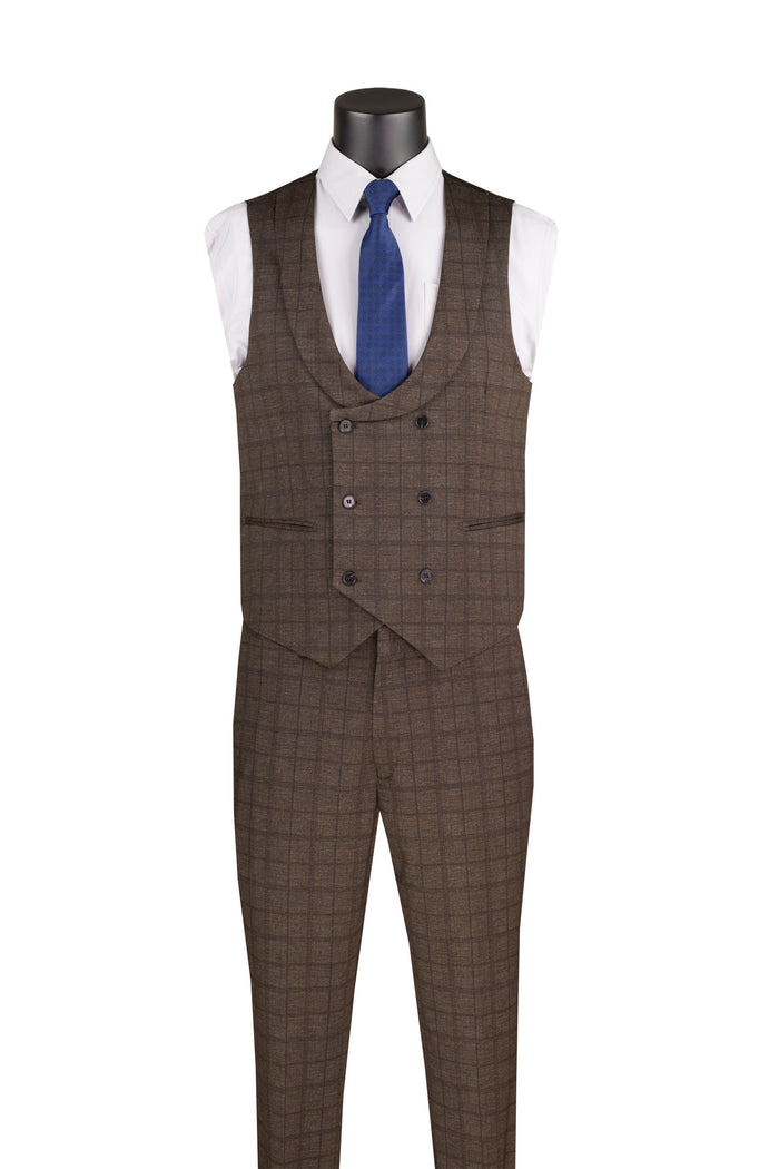 The Slim Fit 3 Piece Stretch Fabric Suit with Armholes Brown SV2W-8 from Vinci Suits elegantly drapes on a mannequin, complemented by a crisp white shirt, blue tie, and timeless gold watch chain.