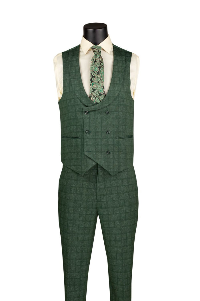 On display is the Vinci Suits Slim Fit 3 Piece Stretch Fabric Suit in Green (SV2W-8), featuring a checkered pattern on a mannequin, complete with a matching paisley tie and pocket square.