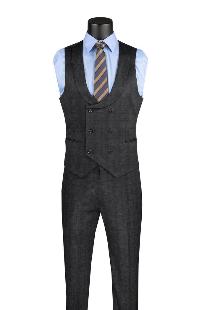 A mannequin is sharply dressed in a Vinci Suits Slim Fit 3 Piece Stretch Fabric Suit, in black, paired with a blue shirt and striped tie.