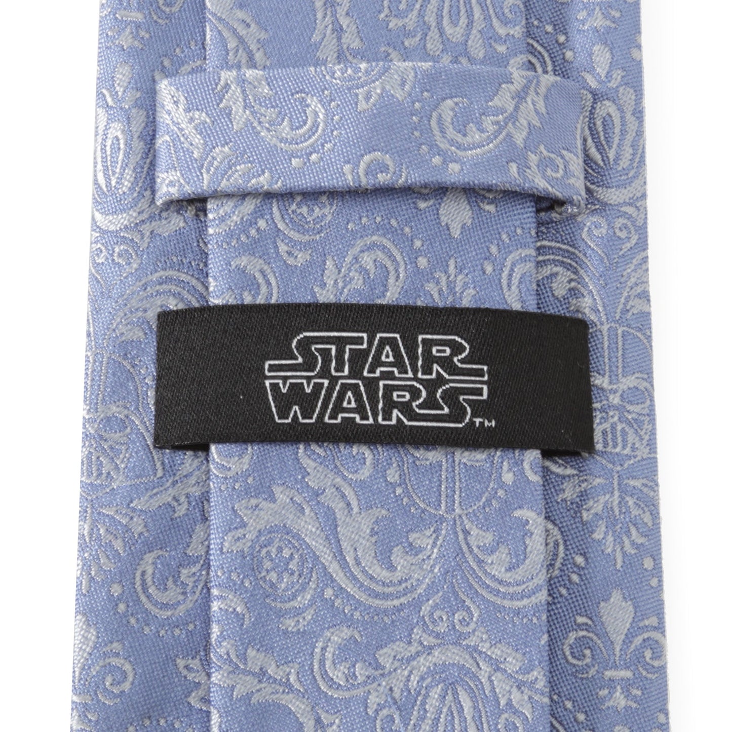 The Star Wars Darth Vader Blue Damask Tie by Cufflinks.com is a light blue silk accessory featuring a subtle floral pattern and small Darth Vader helmet designs—an elegant nod to iconic Imperial style.