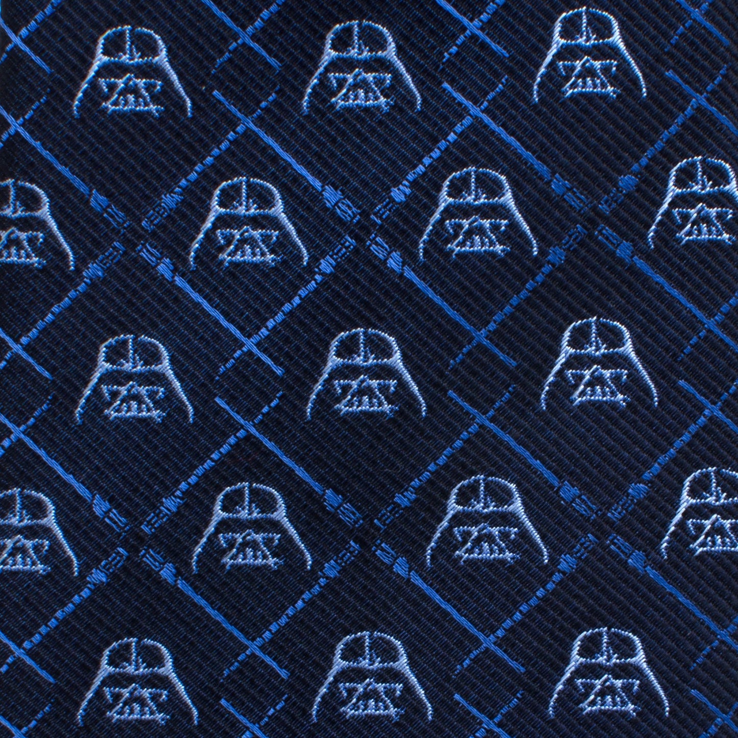 The Star Wars Darth Vader and LIGHTSABER Blue Checkered Tie from Cufflinks.com features a navy blue design with light blue Darth Vader helmets and crossed lightsabers.