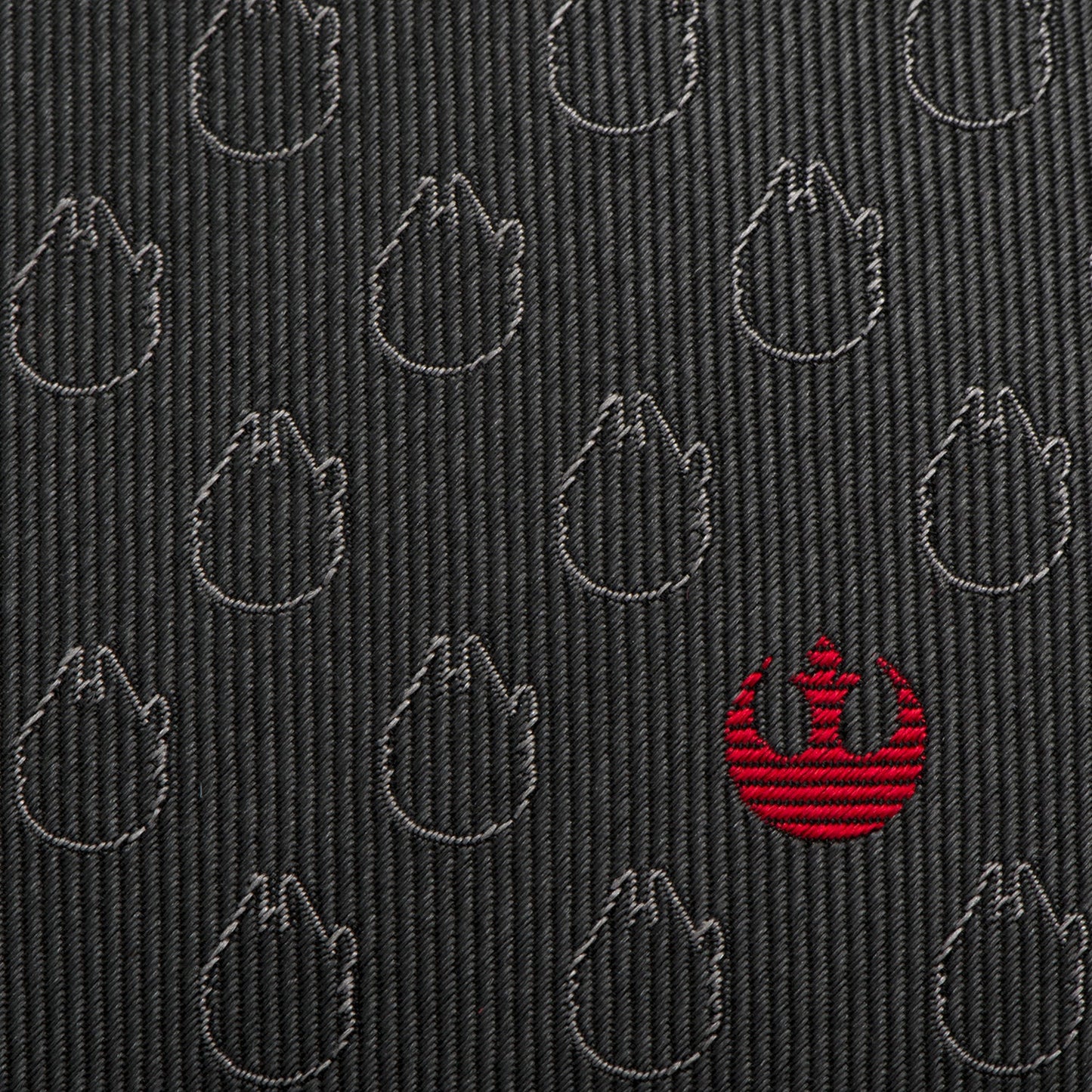 The Star Wars Rebel Alliance and Millennium Falcon Gray Tie with Red Crest by Cufflinks.com features repeating Millennium Falcon motifs and a red Rebel symbol near the tip.
