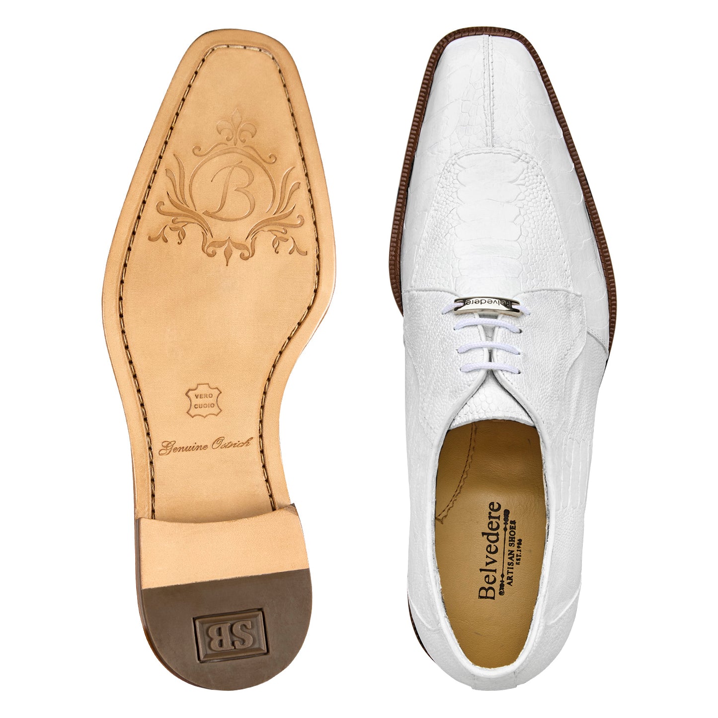 The BELVEDERE Siena, Genuine Ostrich Leg Dress Shoe in white (1463), features a moc toe, brown wooden sole, white laces, and soft leather lining, shown from the side.