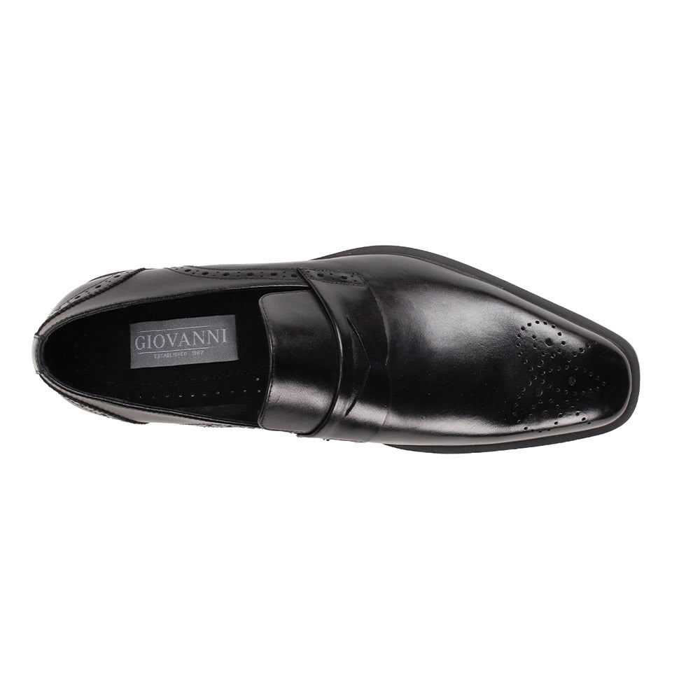 The GIOVANNI Giovanni Silvio Black Leather Shoes feature slip-on styling, brogue detailing, a brown layered sole, and a low heel, shown here against a white background.