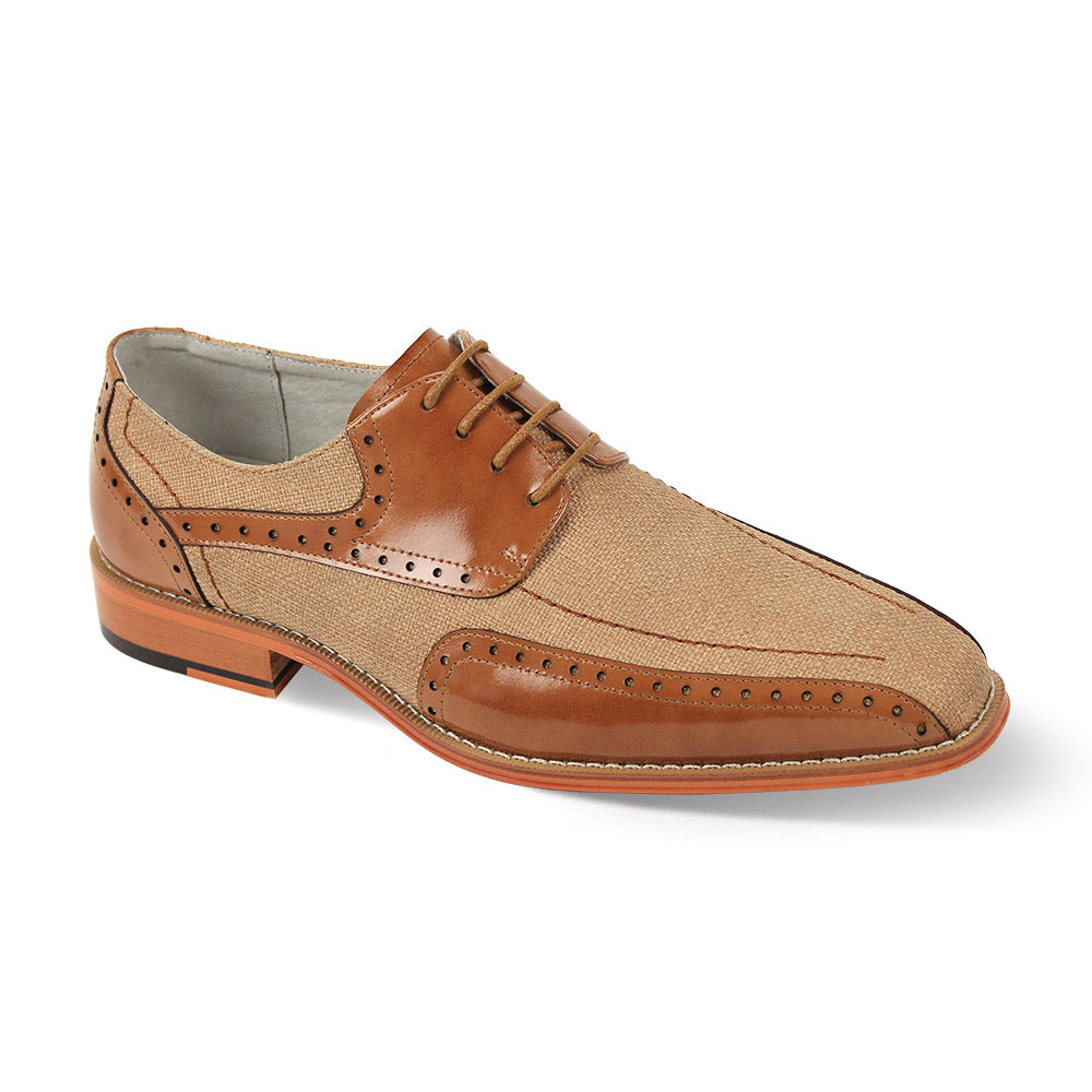 The Giovanni Simon Tan Leather Shoes by GIOVANNI feature a brown and beige wingtip oxford design with leather and fabric, brogue detailing, lace-up closure, and an elegant toe.