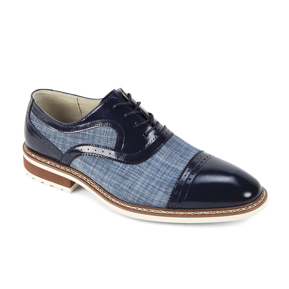 The Giovanni Sinclair Sapphire Blue Leather Shoes by GIOVANNI feature a denim lace-up design, genuine leather cap toe, tweed upper, decorative stitching, and a flat rubber sole.