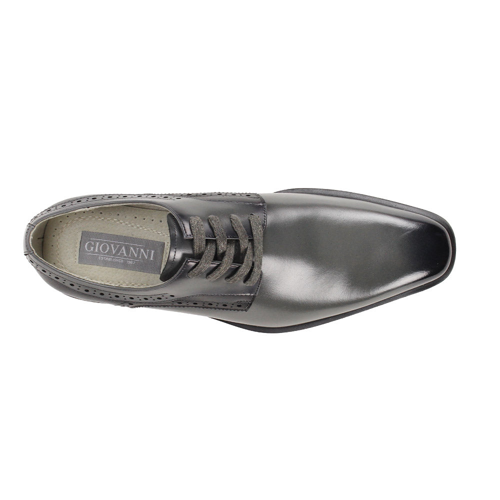 The Giovanni Stef Grey Leather Shoe by GIOVANNI features shiny gray smooth leather, a plain toe with decorative perforations, gray laces, and a brown and black sole, displayed on a white background.