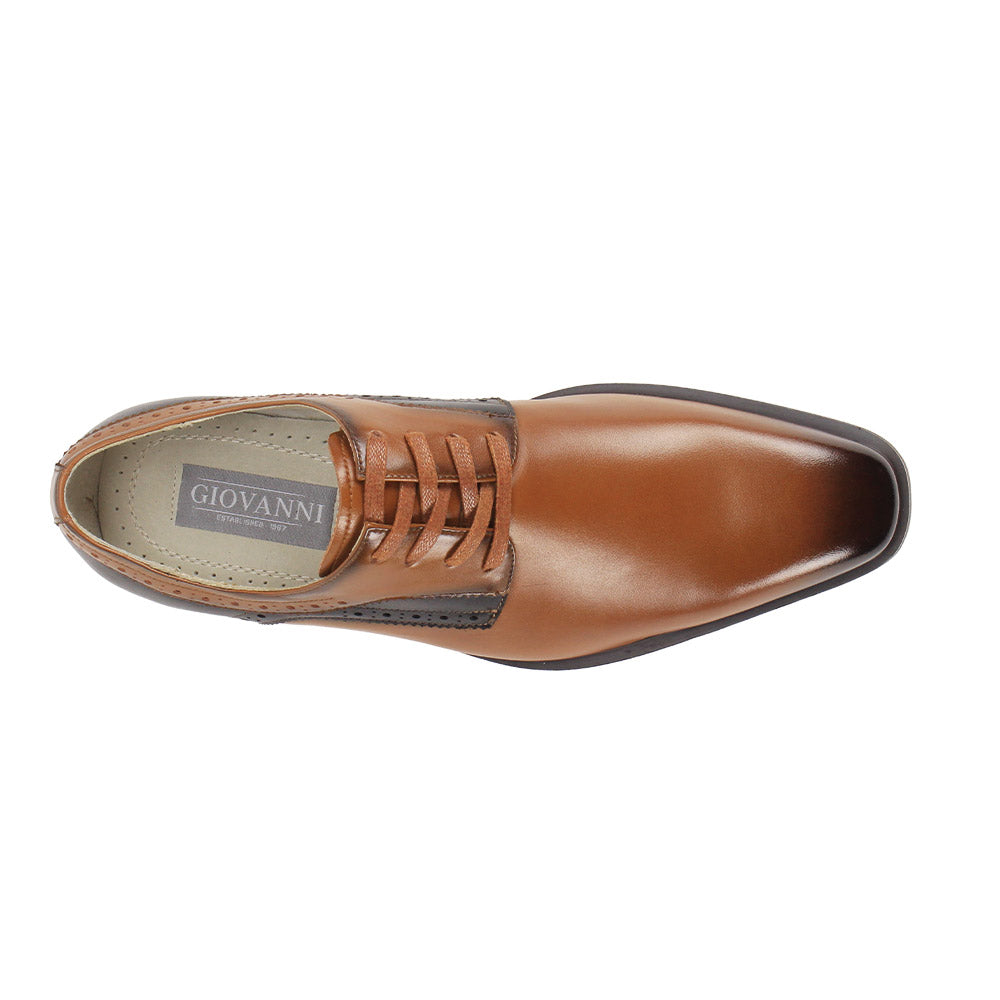 The Giovanni Stef Tan Leather Shoes by GIOVANNI are smooth tan dress shoes with lace closure, perforated detailing, a plain toe, and a low heel.