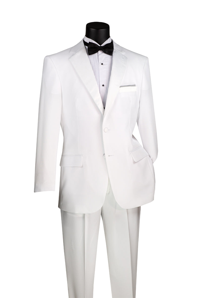 The mannequin showcases a stunning ensemble from Vinci Suits, featuring the Regular Fit 2 Piece Tuxedo (White) T-2PP with pleated pants, a black bow tie, a white dress shirt, and elegant black buttons against a plain backdrop.