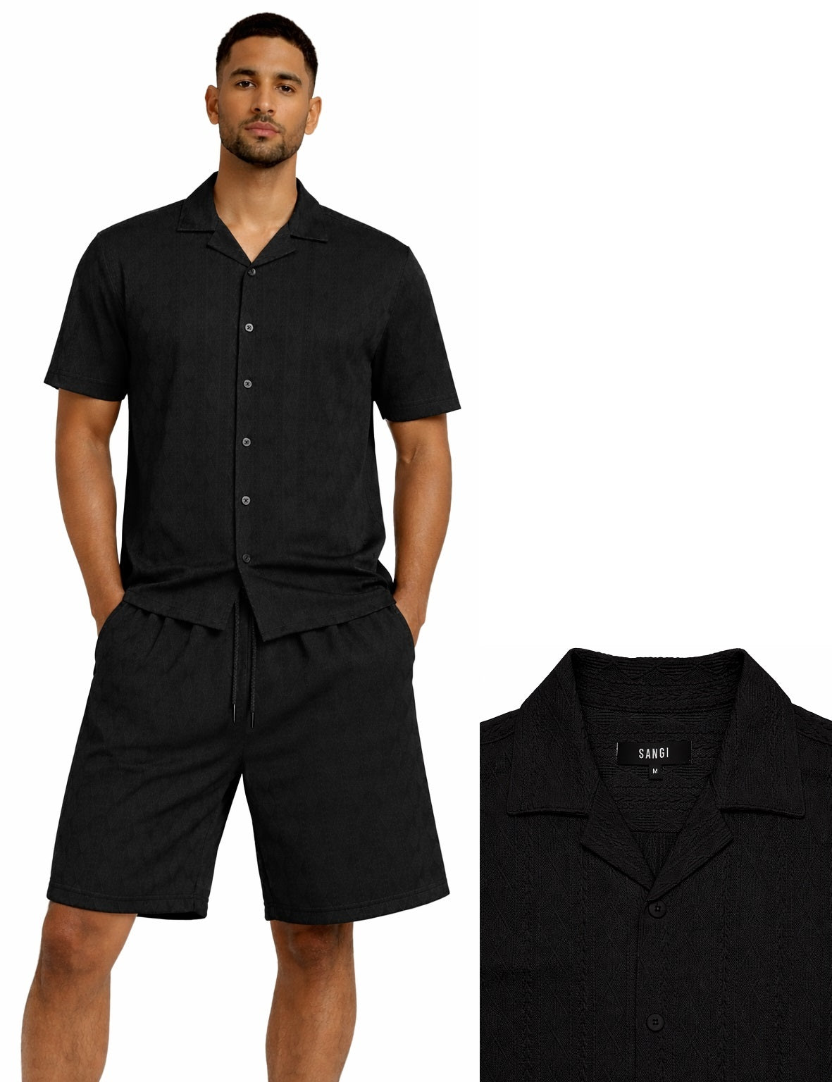 A man wears the Bassiri Black 2pc Set T126 by Bassiri, featuring a matching short-sleeve button-up shirt and shorts. An inset displays a close-up of the shirt’s collar and buttons.