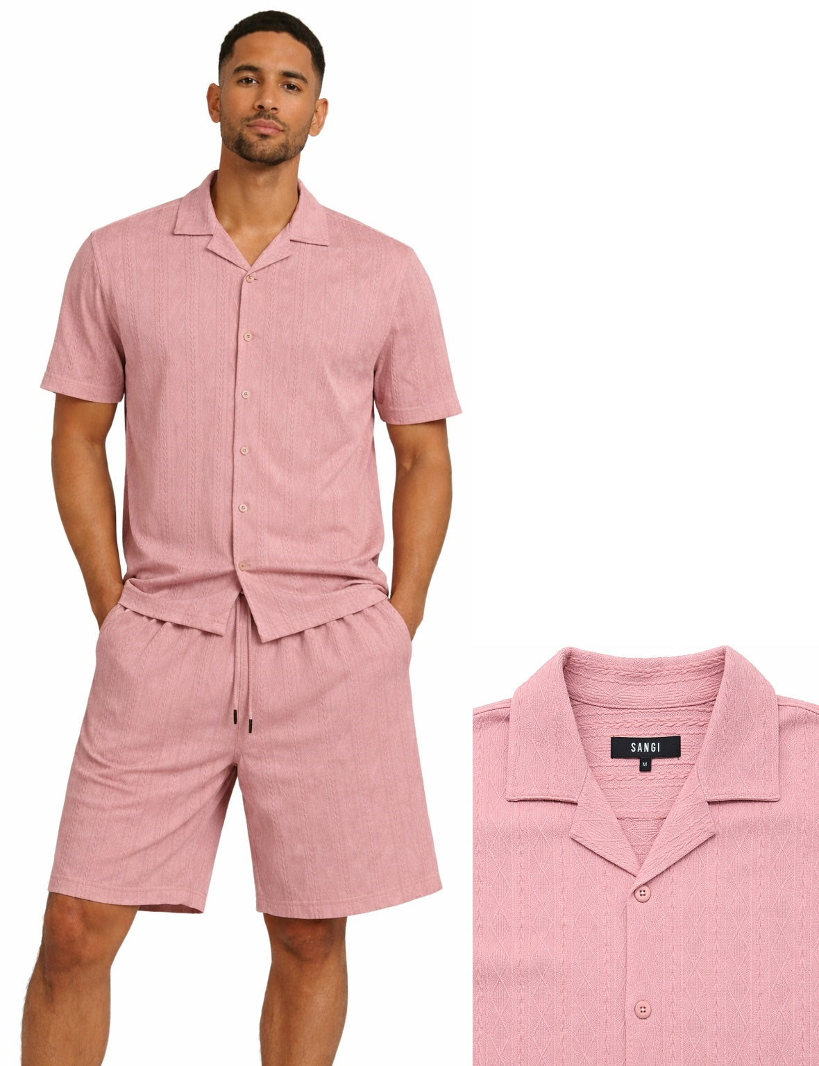 A man wears the Bassiri Blush 2pc Set T 126 by Bassiri—a matching light pink textured short-sleeve button-up shirt and shorts; a close-up highlights the shirt's collar and fabric detail.