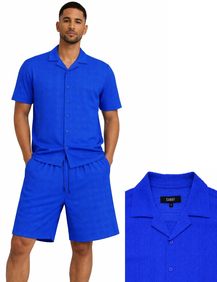 A man wears the Bassiri Royal Blue 2pc Set T 126—short-sleeve button-up shirt and matching shorts by Bassiri; a close-up of the shirt's collar and label is shown beside him.