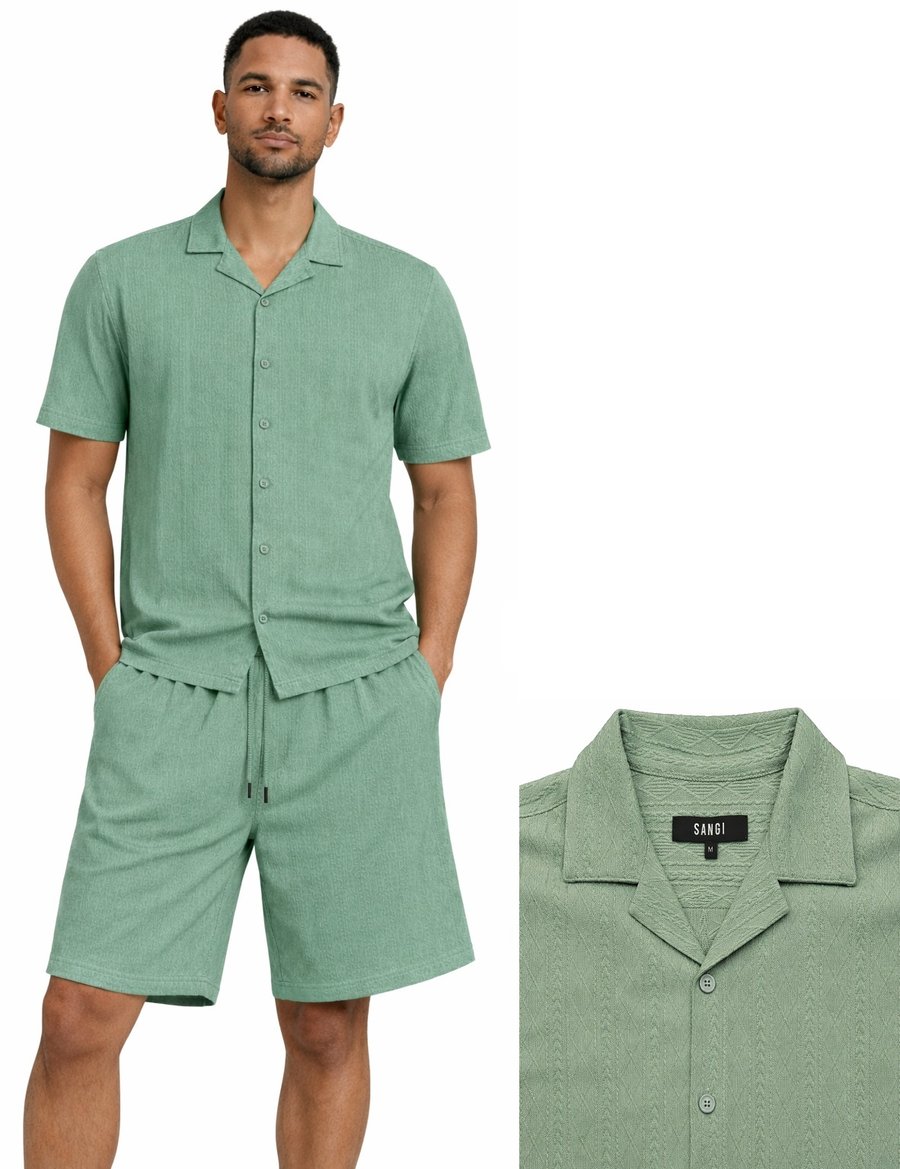 A man wears the Bassiri Sage 2pc Set T 126 by Bassiri, featuring a light green short-sleeve button-up shirt and matching drawstring shorts. An inset displays a close-up of the shirt’s collar and label.