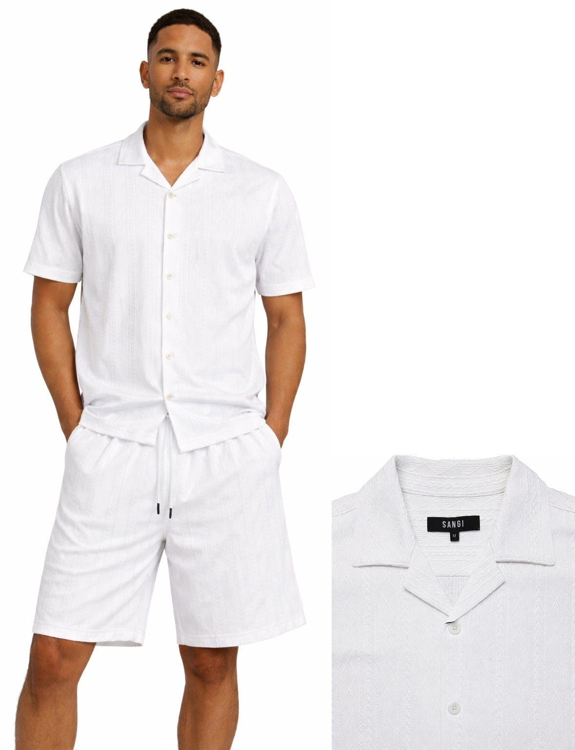 A man wears the Bassiri White 2pc Set T 126—short-sleeve button-up shirt and matching drawstring shorts. Close-up highlights the shirt’s collar and Bassiri brand label.