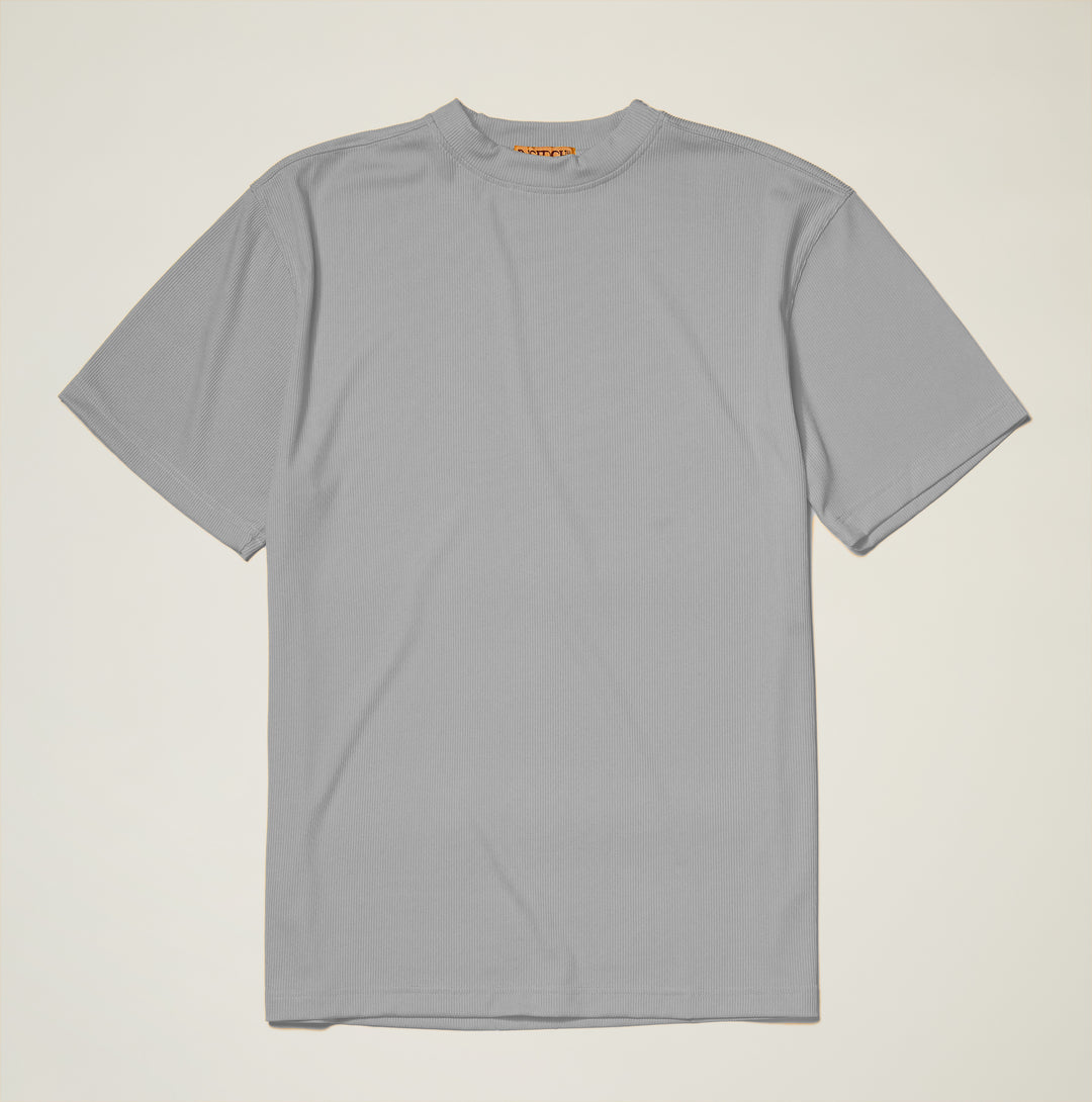 The Inserch Rib Crew Neck T-Shirt T299-00004 in Light Grey by Inserch, crafted from a soft polyester-spandex blend, is displayed flat on a neutral background.