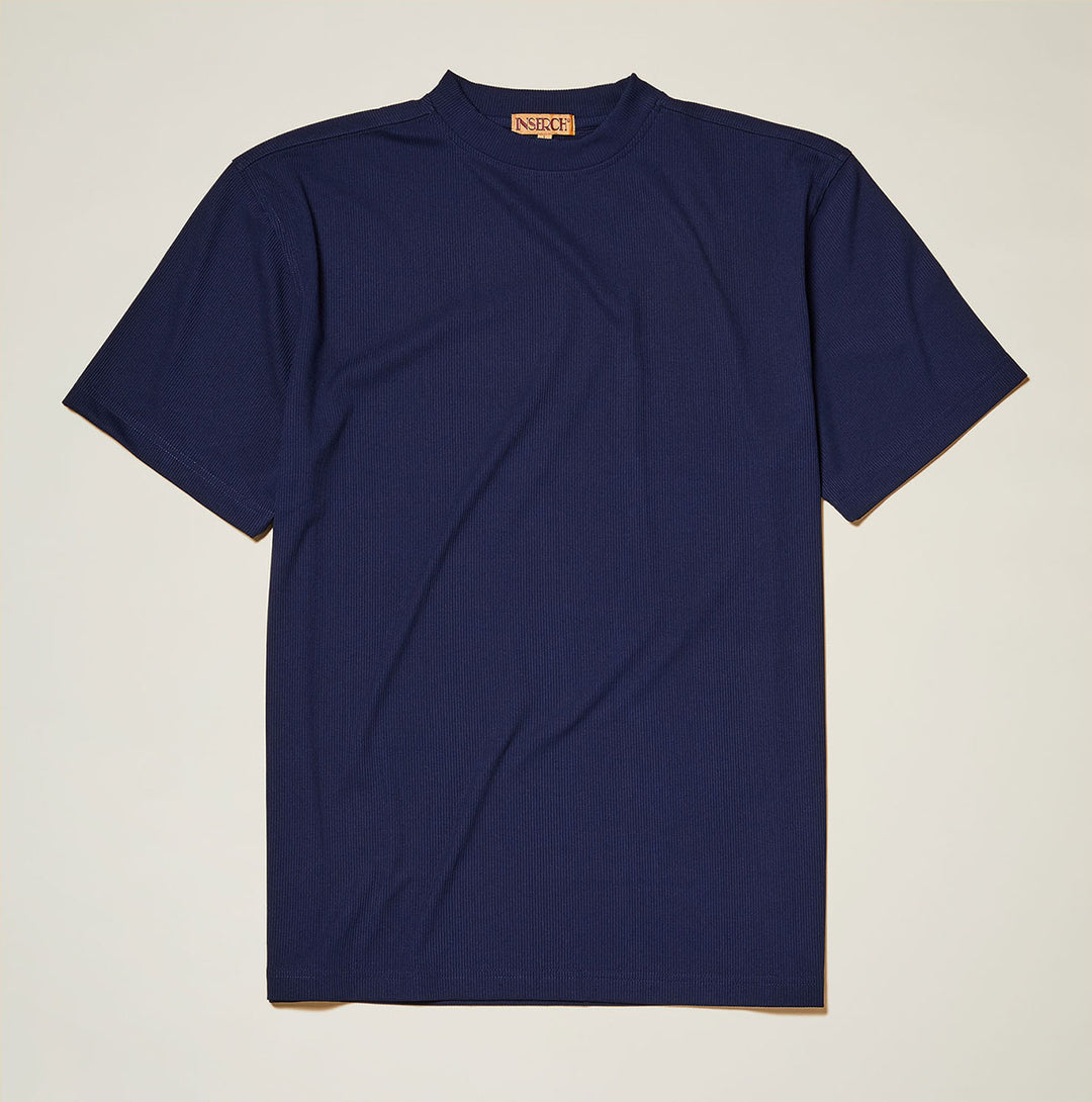 The Inserch Rib Crew Neck T-Shirt T299-00011 in navy blue by Inserch, made from a soft polyester-spandex blend with short sleeves, is displayed flat on a light background.