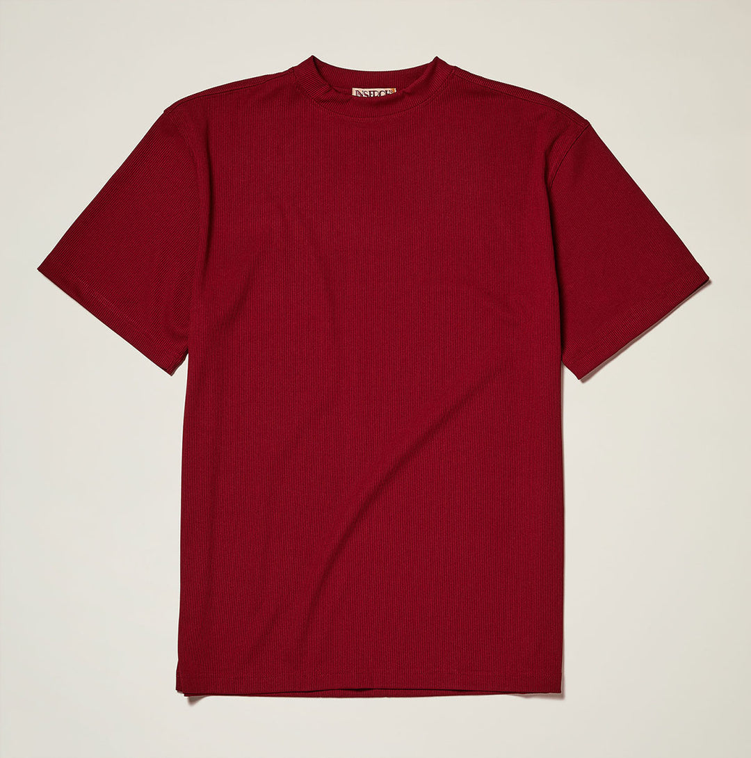 The Inserch Rib Crew Neck T-Shirt T299-00168 in Deep Cherry by Inserch is a soft, short-sleeve polyester-spandex blend laid flat on a light background.