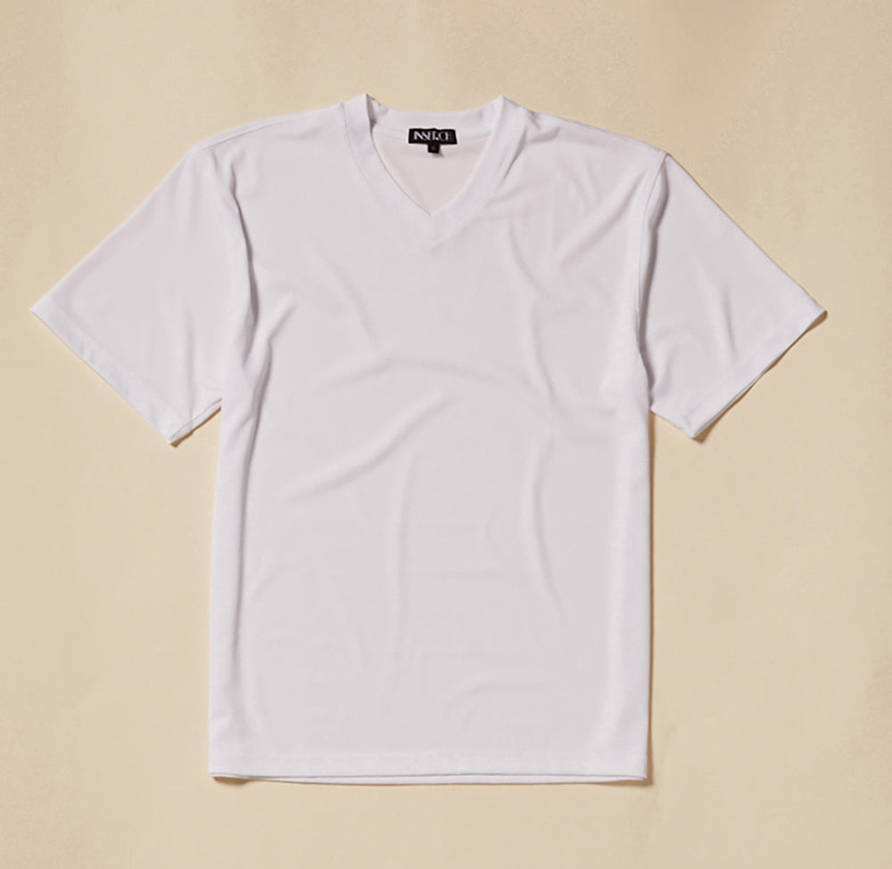 The Inserch Rib V Neck T-Shirt T300-00002 White, made from a soft polyester spandex rib jersey knit, is displayed flat on a beige background.
